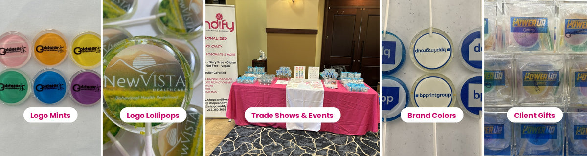Custom logo candy for business: logo mints, branded lollipops, Candify trade show booth, and corporate client gift boxes