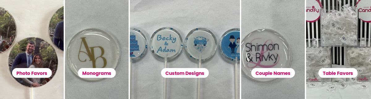 Personalized wedding candy favors: couple photo lollipops, gold monogram mints, custom name lollipops, and boxed table favors