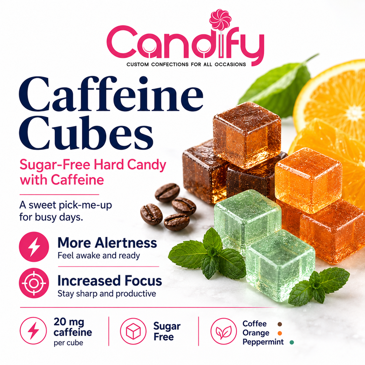 Sugar-free Caffeine Cubes with 20 mg of caffeine per candy