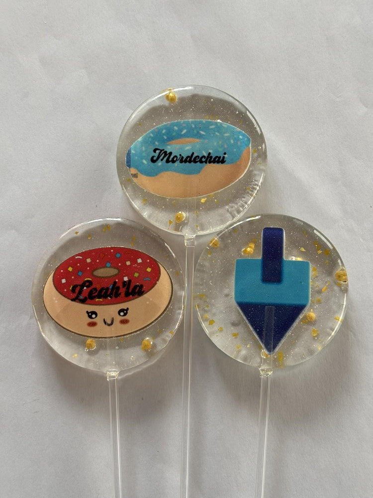 Personalized Chanukah lollipops with name - dreidel and sufganiyah